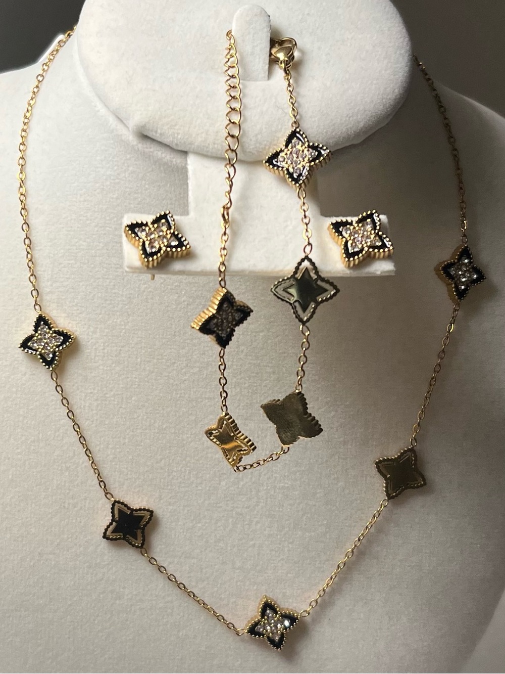 Gold Tone Stainless Steel CZ Clover Necklace Bracelet & Earrings
